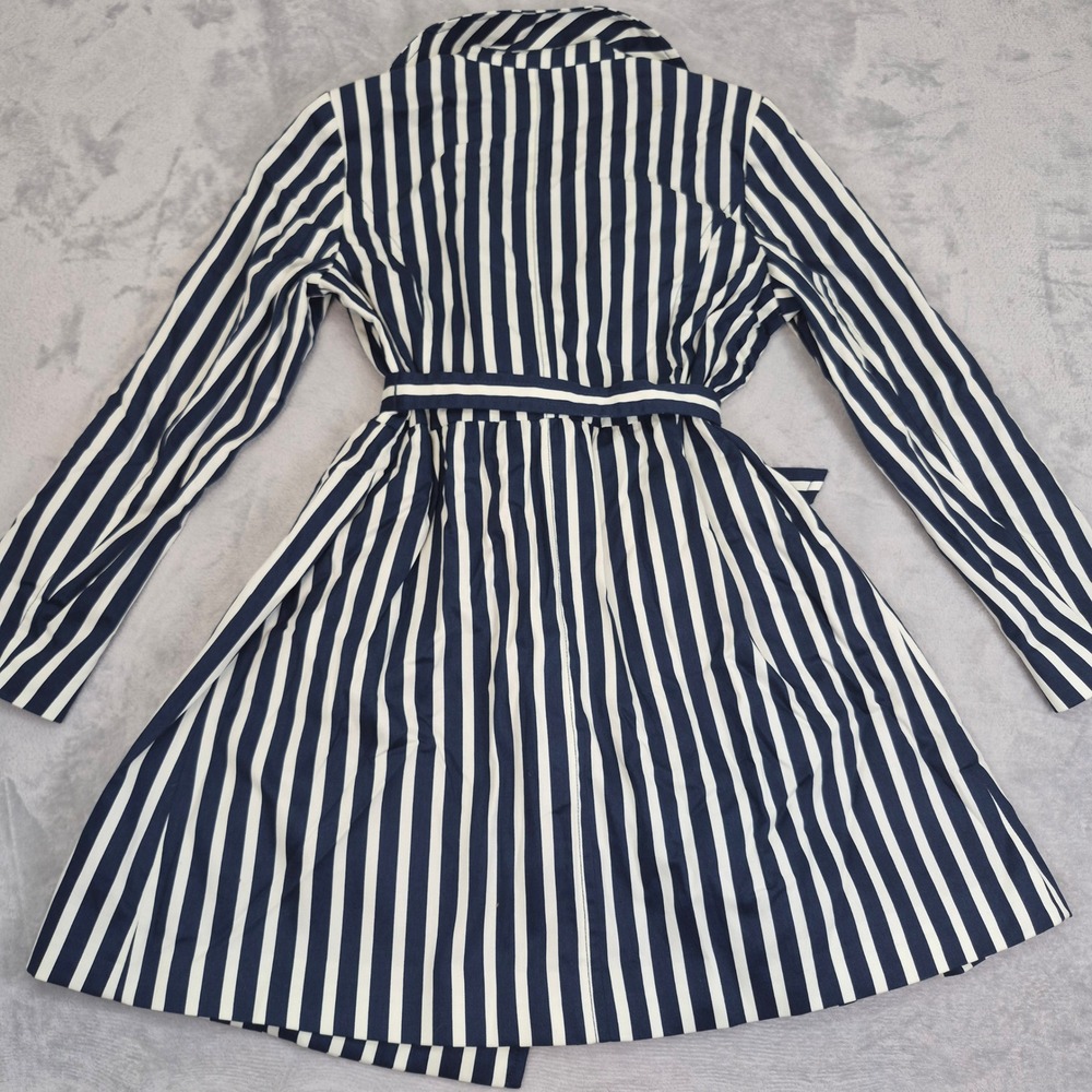 Express Womens Navy Blue White Striped Double Breasted Trench Coat Belted Large - Picture 8 of 11
